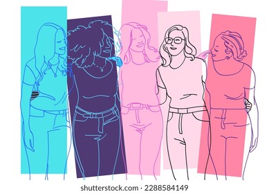 A group of happy girls walking together. Line art, linear, outline, thin line design simple vector illustration.