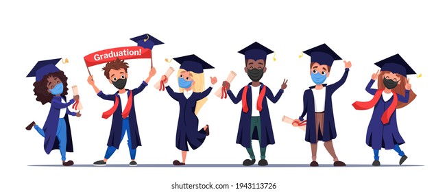 Group of happy graduate students in protective medical masks with diplomas in hands celebrating 2021 graduation during coronavirus quarantine and lockdown.  Flat cartoon vector illustration.