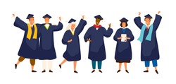 Group Of Happy Graduated Students Wearing Academic Dress, Gown Or Robe And Graduation Cap And Holding Diploma. Boys And Girls Celebrating University Graduation. Flat Cartoon Vector Illustration.