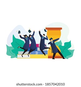 Group of happy graduated students. Wearing academic dress, gown or robe and happy jump, background book. Flat cartoon vector illustration
