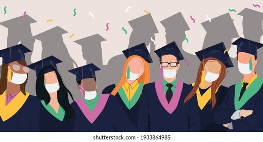 Group Of Happy Graduated Students Wearing Academic Dress, Gown Or Robe And Graduation Cap In Face Mask. Boys And Girls Celebrating University Graduation Safely. Flat Vector Illustration