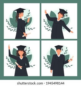 Group of happy graduated students wearing academic dress, gown or robe and graduation cap and holding diploma. Boys and girls celebrating university graduation. Class of 2021 vector illustration.