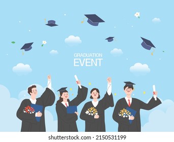 Group of happy graduated students wearing academic dress, gown or robe and graduation cap and holding diploma. Boys and girls celebrating university graduation. Flat cartoon vector illustration.
