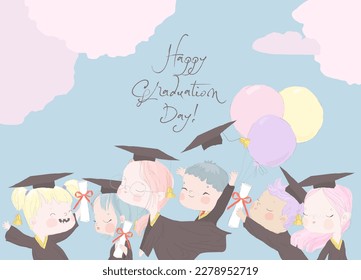 Group Happy Graduated Students wearing Academic Dress holding Diploma