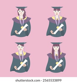 Group of happy graduated students wearing academic dress, gown or robe and graduation cap and holding diploma. Boys and girls celebrating university graduation. Flat cartoon vector illustration.