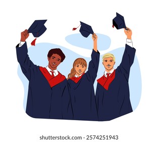 Group of happy graduates in caps and gowns celebrating, holding hats up, smiling on a white background. Education, achievement, and success concept. Vector illustration