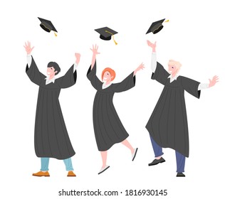 Group of happy graduates students throw up graduate cap, flat vector illustration. Happy characters girls and boys in the form of university graduates. Education and student life concept.