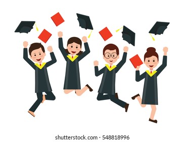 Group of happy graduates throwing graduation hats in the air celebrating,Cartoon character Flat style vector illustration.