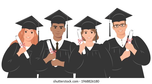 Group of happy graduates wearing an academic gown or robe and a graduation cap and holding a diploma. Girls and boys celebrate their university or college graduation. Flat vector illustration