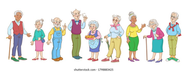 Group of happy grandparents. Men and women of different nationalities. In cartoon style. Isolated on white background.