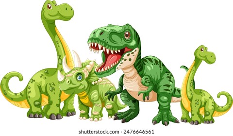 Group of happy green dinosaurs together