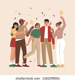 Grupo de chicos y chicas felices celebrando las vacaciones con chispas, confiti y bebidas. Los jóvenes se divierten juntos. Ilustración vectorial dibujada a mano aislada en el fondo de la luz. Estilo de caricatura plano.