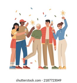 Group of happy guys and girls celebrating holiday with sparklers, confetti and drinks. Young peoples have fun together. Hand drawn vector illustration isolated on white background. Flat cartoon style.