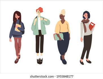 A group of happy high school student standing together flat vector illustration. Welcome back to school. Teenagers holding books isolated on white background.