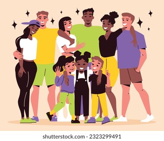 Group of happy hugging young people and children on color background flat vector illustration