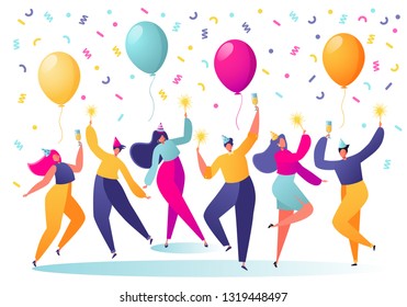 Group of happy, joyful people celebrating  holiday, event. Man and woman characters in holiday cap dancing, having fun and having toast with confetti and balloons on the background.People on the party