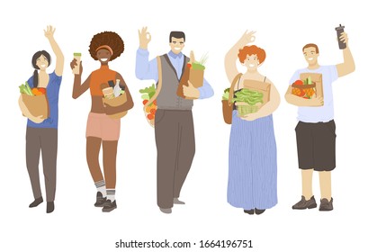 Group of happy joyful people holding zero waste ecological recycle and reduce products, waving hands, showing OK sign. Zero Waste Lifestyle concept with eco friendly multiracial people
