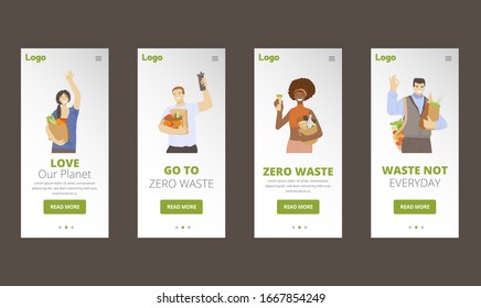 Group of happy joyful people holding zero waste ecological recycle and reduce products, waving hands, showing OK sign. Zero Waste Lifestyle concept for app template