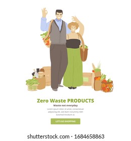 Group of happy joyful people holding zero waste products in hands - bags, kitchen and beauty produts, and showing OK sign. Zero Waste Lifestyle concept with group of people