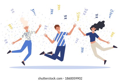 Group of happy jumping or dancing young people. Concept of celebration of great teamwork. Vector illustration of male and female characters having corporate party