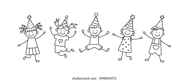 A group of happy jumping kids at a birthday party. Children in festive hats jump on a fun holiday. Hand drawn children drawing. Vector illustration isolated in doodle style on white background.