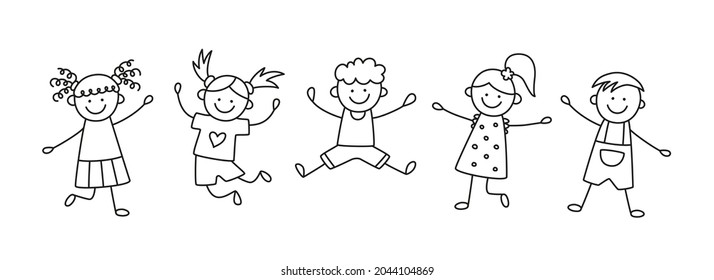 A group of happy jumping kids. Children jump together. Hand drawn children drawing. Vector illustration isolated in doodle style on white background.