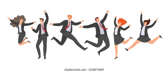 Group of happy jumping office workers in flat style isolated on white background. Cheerful working day. Business people are jumping, celebrating the achievement or victory. 