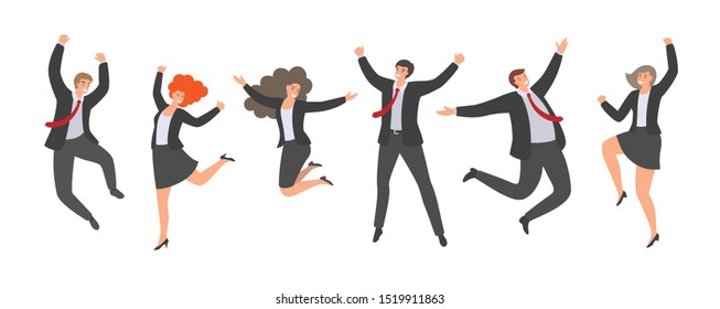 Group of happy jumping office workers in flat style isolated on white background. Cheerful Working Day. Business people are jumping, celebrating the achievement of victory. Hand-drawn collection of fu