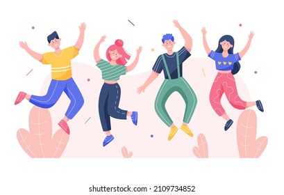 Group of happy jumping people. Concept of happiness, joy, and win. Flat vector illustration.