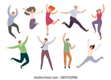 Group of happy jumping people in flat style isolated on white background. Hand-drawn collection of funny cartoon women and men.