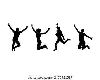 Group of Happy Jumping People Silhouettes isolated white background. Vector Illustration