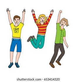 Group happy jumping young people. Doodle positive friends. Vector isolate hand drawn illustrations of friendship, healthy lifestyle, success, positive mind.