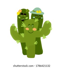 group of happy kawaii cactus, cute green characters set, isolated in white background, funny vector illustration flat design