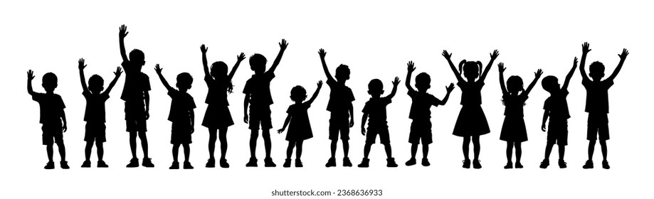 Group of happy kid dancing, kid raising hand silhouette