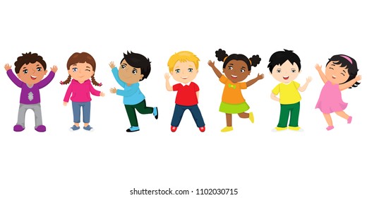 Group of happy kids cartoon. Funny kids of different races with various hairstyles. Friendship concept