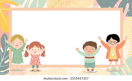 Group of happy kids celebrating with blank space for text, vector illustration.