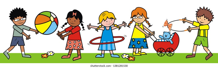 Group of happy kids, children with toys, funny vector illustration