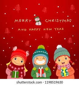 Group Of Happy Kids With Christmas Gifts And Winter Background. Christmas And New Year Card.