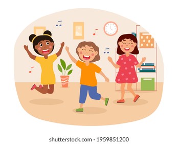 Group of happy kids is dancing to upbeat music. Smiling cute little children are enjoing time spent with friends listening to music and dancing together. Flat cartoon vector illustration