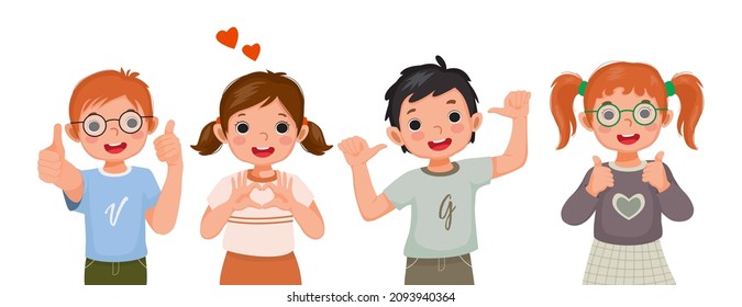 Group of happy kids with different positive emotions, cheerful feelings, excited facial expressions, thumb up hand gestures, such as ok sign, self love, and optimistic confident body languages. 