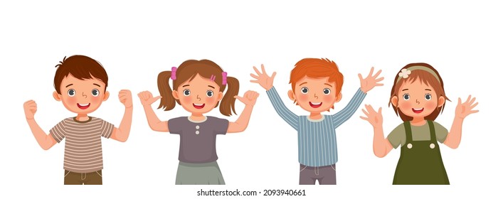 Group of happy kids with different positive emotions, feelings, excited facial expressions, waving thumb up hand gestures, such as success yes sign, self confidence, and optimistic body languages. 