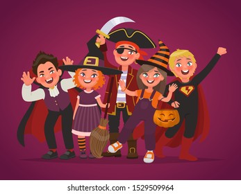 Group of happy kids dressed up for Halloween costumes. Trick or treat. Element for poster design. Vector illustration in cartoon style