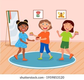 Group of happy kids is eating tasty cake together. Smiling cute little children are enjoing time spent with friends eating sweets. Smiling kids are having fun at home. Flat cartoon vector illustration
