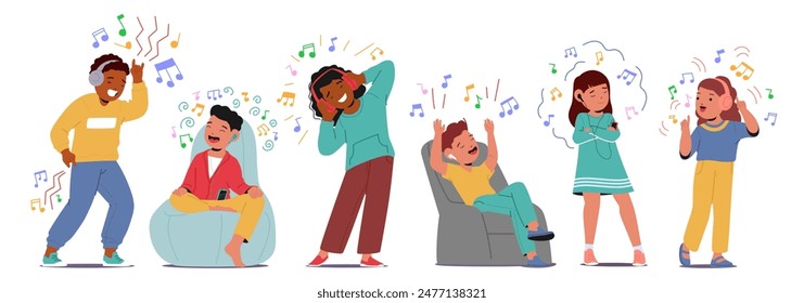 Group Of Happy Kids Enjoying Music Through Headphones And Singing Along. Kids Expressing Joy And Enthusiasm, Captured In Various Poses That Convey Movement And Excitement. Cartoon Vector Illustration