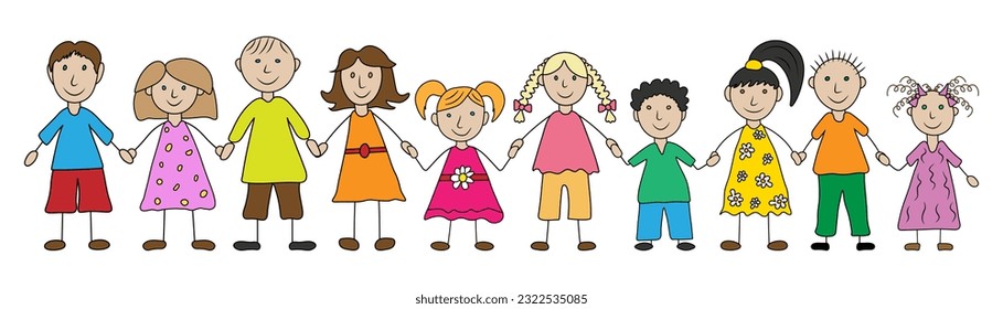 Group of happy kids hand drawn style. Color preschool children holding hands. Vector illustration