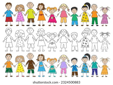 Group of happy kids hand drawn style. Color preschool children holding hands. Kid's drawing. Vector illustration