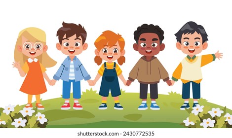 Group of happy kids holding hands