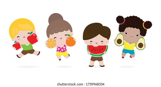 Group of Happy kids jumping and fruits, Cute cartoon children eating avocado, apple, watermelon, orange, child holding smiling live fruits, Healthy food in the farm isolated on white background