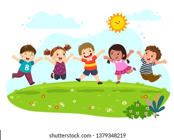 Group of happy kids jumping on summer meadow.