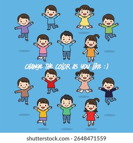 group of happy kids jumping over blue background vector illustration
